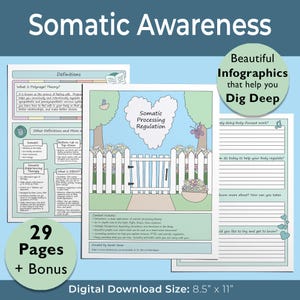 Puede incluir: Una descarga digital con el título "Somatic Awareness" con infografías y definiciones. El diseño incluye una escena de jardín con una valla blanca y el texto "Somatic Processing Regulation". La descarga es de 21,6 cm x 27,9 cm e incluye 29 páginas más un extra.