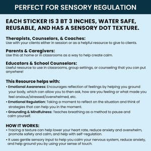 May include: A square sticker with a sensory dot texture, measuring 3 by 3 inches. The text reads: PERFECT FOR SENSORY REGULATION. EACH STICKER IS 3 BY 3 INCHES, WATER SAFE, REUSABLE, AND HAS A SENSORY DOT TEXTURE. It lists uses for therapists, parents, and educators.