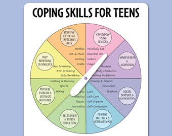 Digital Coping Skill Teen Emotion Wheel Spinner Printable for Tween Grounding Skill Tool Breathing for Teenager Stress Relief Mindfulness