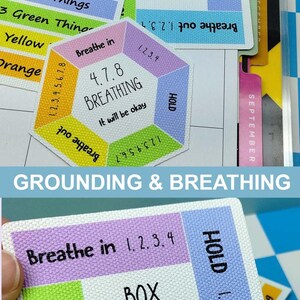 May include: A collection of mental health stickers featuring grounding and breathing exercises. The stickers include a box breathing guide, a 4.7.8 breathing wheel, and a 5 senses grounding wheel with text prompts like Breathe in 1.2.3.4 and I see 5 things.