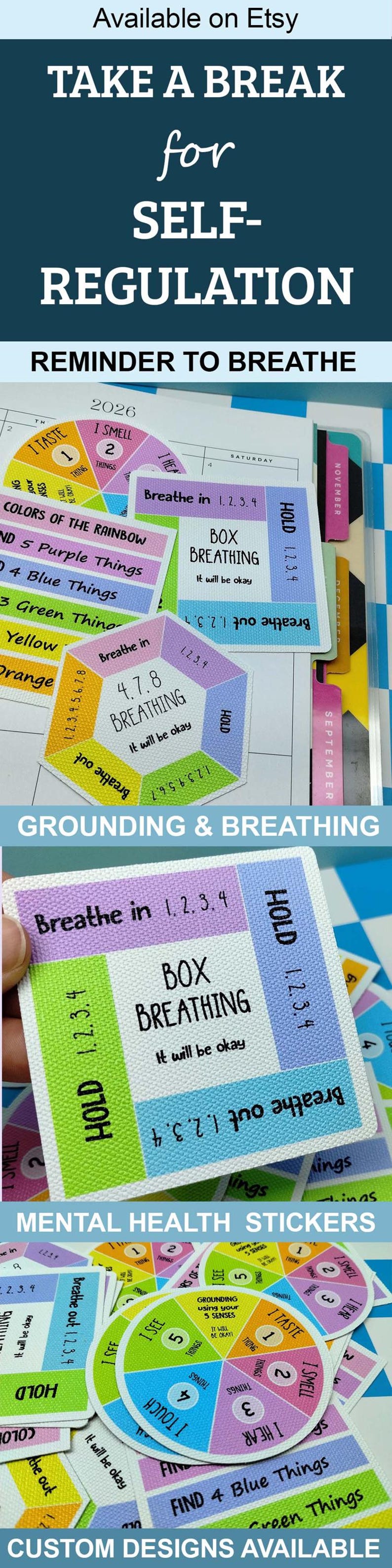 May include: A collection of mental health stickers featuring grounding and breathing exercises. The stickers include a box breathing guide, a 4.7.8 breathing wheel, and a 5 senses grounding wheel with text prompts like Breathe in 1.2.3.4 and I see 5 things.