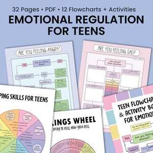 May include: A collection of printable PDF worksheets for teens focused on emotional regulation. The pages include flowcharts and activities with titles like "Are You Feeling Angry?" and "Teen Flowcharts & Activity Book for Emotions."