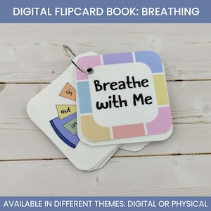 Puede incluir: Un libro de tarjetas desplegables con un anillo de metal, con el texto "Breathe with Me" en un cuadrado colorido. Tarjetas adicionales muestran diagramas de "in" y "out". El texto "DIGITAL FLIPCARD BOOK: BREATHING" está en la parte superior.