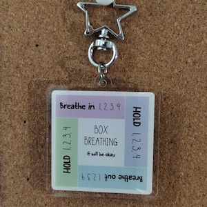 Stress Management Keychain Box Breathing Technique Portable Mindfulness Tool Daily Anxiety Relief Support Clear Acrylic Design Two Inch Size Double Sided Construction Star Hook Attachment Calming Breathe Reminder Grounding Exercise Aid