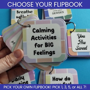 May include: A set of square flipbooks held together by metal rings. The cards feature pastel-colored borders and black text. One card reads Calming Activities for BIG Feelings, another says You Are Sweet, and others show text like Breathe and How do you feel.
