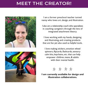Puede incluir: Un gr&aacute;fico Meet the Creator con un retrato de una persona con gafas de sol, una foto de la misma persona frente a un mural colorido y texto que describe su experiencia como docente, ni&ntilde;era y coach que crea herramientas de salud mental.