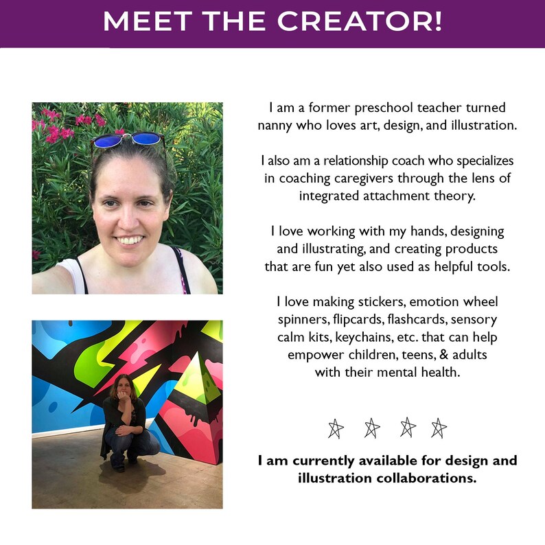 Puede incluir: Un gr&aacute;fico Meet the Creator con un retrato de una persona con gafas de sol, una foto de la misma persona frente a un mural colorido y texto que describe su experiencia como docente, ni&ntilde;era y coach que crea herramientas de salud mental.