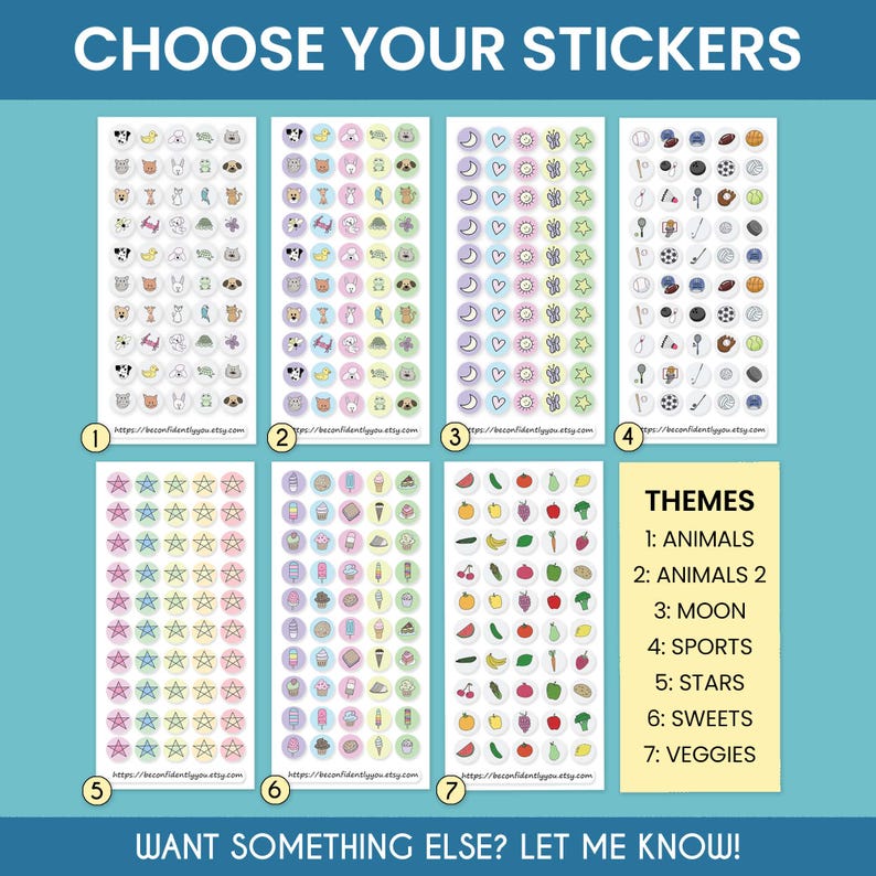Puede incluir: Una selecci&oacute;n de hojas de pegatinas con varios temas, incluyendo animales, deportes y dulces. Cada hoja presenta m&uacute;ltiples pegatinas peque&ntilde;as y circulares con dise&ntilde;os coloridos. El texto "CHOOSE YOUR STICKERS" est&aacute; en la parte superior. Los temas est&aacute;n listados en un rect&aacute;ngulo amarillo.