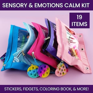 May include: A collection of colorful zippered pouches, each with a clear window, containing various items. The pouches are in shades of blue, pink, and purple. The image includes the text "SENSORY & EMOTIONS CALM KIT" and "19 ITEMS". The bottom of the image reads "STICKERS, FIDGETS, COLORING BOOK, & MORE!"