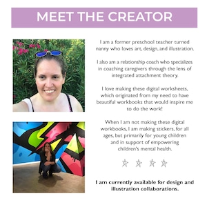 Puede incluir: La imagen muestra el texto "MEET THE CREATOR" sobre dos fotos de una mujer. El texto describe la experiencia de la creadora como maestra, coach y creadora de hojas de trabajo digitales y pegatinas.