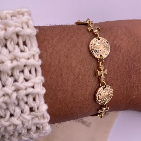 18K Saint Benedict Charm Bracelet, Religious Jewelry, St Benedict, Religious Gift, Christian Jewelry, San Benito Brazalete, Multi Charm