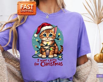 Christmas Kitty T-Shirt | Santa Cat with Lights, Cat Lover Gift