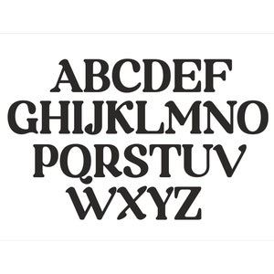 Pode incluir: Letras do alfabeto em preto e branco em um estilo de fonte em negrito e vintage. As letras est&atilde;o dispostas em tr&ecirc;s linhas, come&ccedil;ando com A, B, C, D, E, F e terminando com W, X, Y, Z.