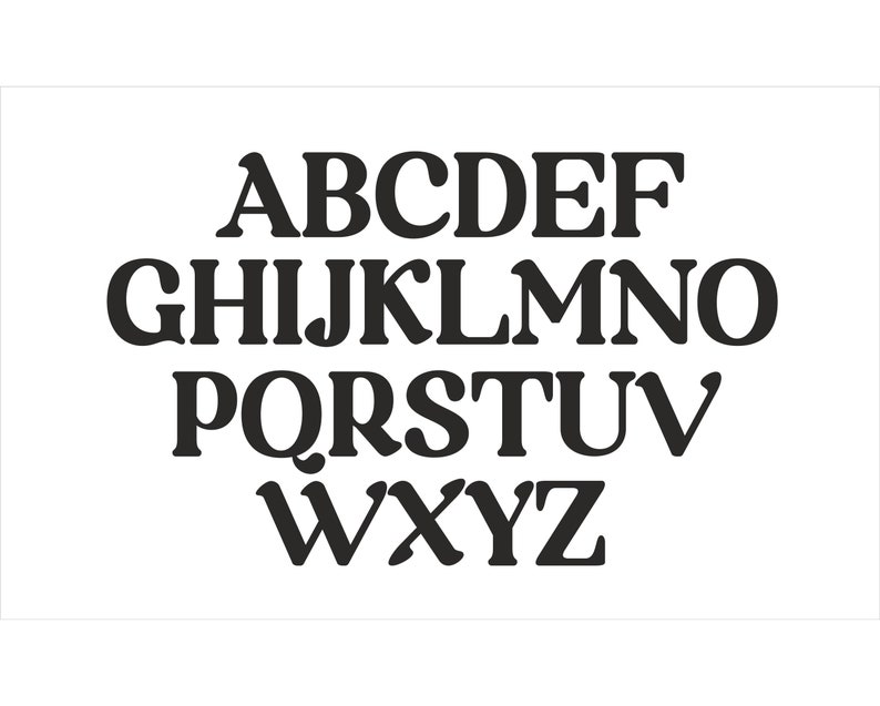 Pode incluir: Letras do alfabeto em preto e branco em um estilo de fonte em negrito e vintage. As letras est&atilde;o dispostas em tr&ecirc;s linhas, come&ccedil;ando com A, B, C, D, E, F e terminando com W, X, Y, Z.