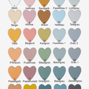 Pode incluir: Uma tabela de 30 amostras de cores em forma de cora&ccedil;&atilde;o com nomes de cores alem&atilde;es. As cores variam do branco ao cinza escuro, com tons de rosa, amarelo, verde e azul.