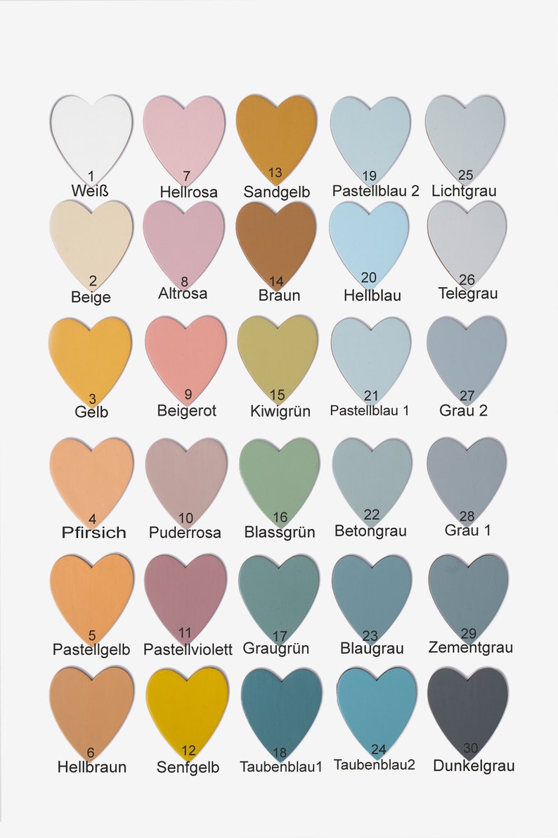 Pode incluir: Uma tabela de 30 amostras de cores em forma de cora&ccedil;&atilde;o com nomes de cores alem&atilde;es. As cores variam do branco ao cinza escuro, com tons de rosa, amarelo, verde e azul.