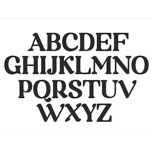 Pode incluir: Letras do alfabeto em preto e branco em um estilo de fonte em negrito e vintage. As letras est&atilde;o dispostas em tr&ecirc;s linhas, come&ccedil;ando com A, B, C, D, E, F e terminando com W, X, Y, Z.