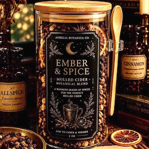 Peut inclure: Un bocal en verre transparent avec un couvercle en bambou contenant un mélange botanique étiqueté Ember & Spice Mulled Cider. L'étiquette présente un croissant de lune, une tasse et des étoiles d'anis. Une cuillère en bois est fixée sur le côté.