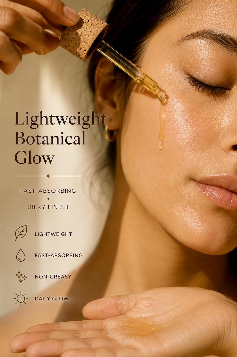 K&ouml;nnte beinhalten: Nahaufnahme eines Gesichts mit einer Pipette, die eine goldene Fl&uuml;ssigkeit abgibt. Der Text lautet "Lightweight Botanical Glow" mit den Beschreibungen: "Fast-Absorbing", "Silky Finish", "Lightweight", "Non-Greasy" und "Daily Glow".
