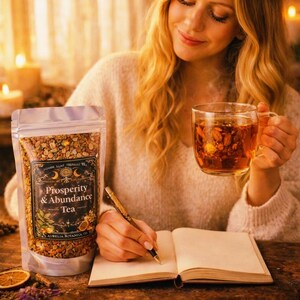 May include: A clear stand-up pouch of Prosperity & Abundance loose leaf herbal tea with a black label featuring gold celestial graphics, a glass mug filled with amber tea, a pen, an open notebook, and the text This is your soft life era.