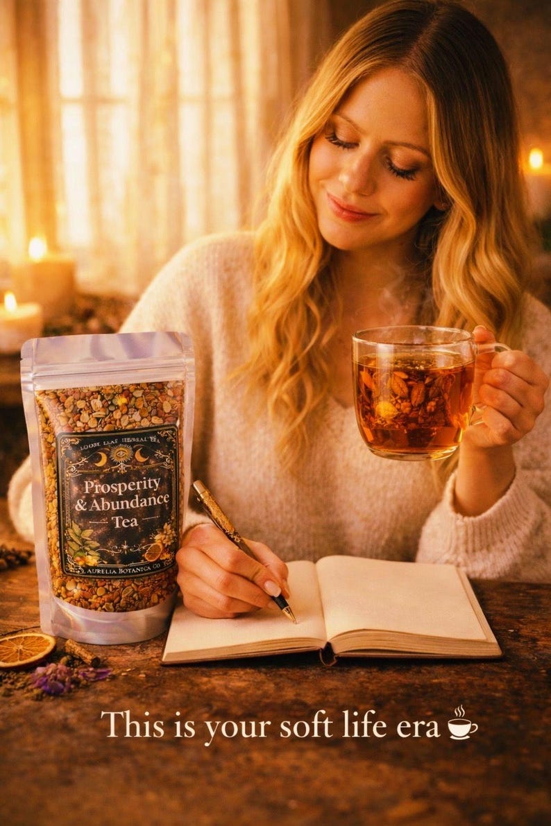 May include: A clear stand-up pouch of Prosperity & Abundance loose leaf herbal tea with a black label featuring gold celestial graphics, a glass mug filled with amber tea, a pen, an open notebook, and the text This is your soft life era.