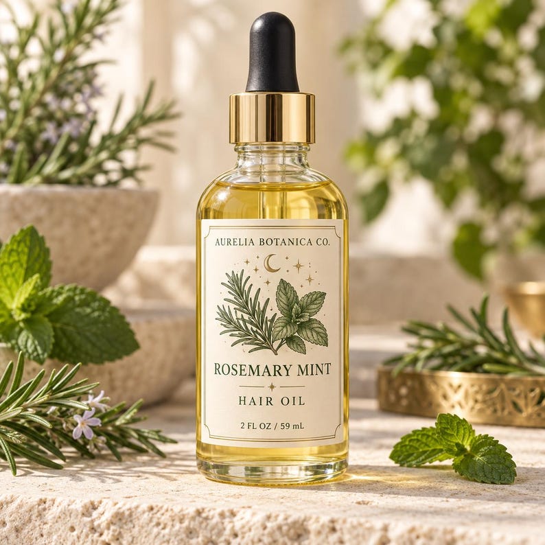 K&ouml;nnte beinhalten: Eine klare Glasflasche mit Aurelia Botanica Co. Rosemary Mint Haar&ouml;l und einem goldenen Tropfverschluss. Das Etikett zeigt eine botanische Illustration von Rosmarin und Minze, einen Halbmond sowie die Angabe 59 mL.