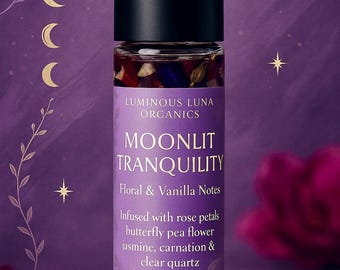All Natural Moonlit Tranquility Botanical Perfume Oil Roll On, Floral, Warm Vanilla Notes, Infused with Crystals and Flowers, Elegant gift
