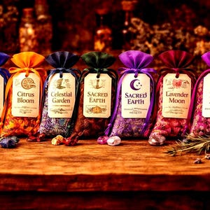 May include: A collection of six colorful drawstring bags filled with dried herbs, each labeled with a different name. The bags are tied with ribbons in various colors, including blue, orange, purple, and burgundy. The labels feature celestial and botanical designs.