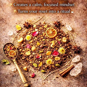 May include: A blend of brown herbal granules, dried flower petals, star anise, cinnamon sticks, and citrus slices arranged in a circle with a gold-toned metal spoon. Text reads: Crafted for: Attracts prosperity energy, Creates a calm, focused mindset, Turns your reset into a ritual.