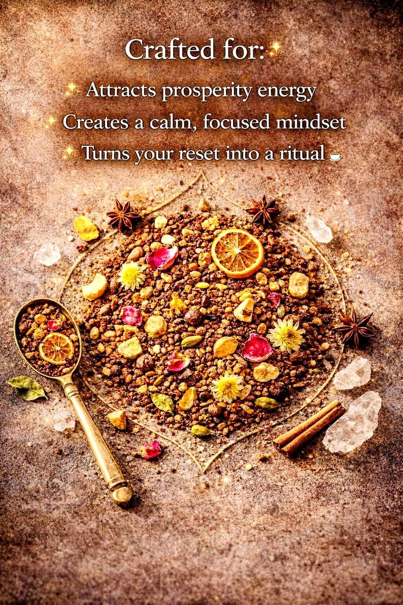 May include: A blend of brown herbal granules, dried flower petals, star anise, cinnamon sticks, and citrus slices arranged in a circle with a gold-toned metal spoon. Text reads: Crafted for: Attracts prosperity energy, Creates a calm, focused mindset, Turns your reset into a ritual.