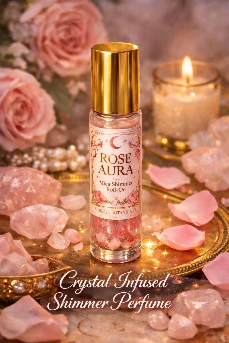 Rose Aura Shimmer Roll-On Perfume Oil – Crystal-Infused Mica Glow, Romantic Rose Botanical Fragrance imagen 6