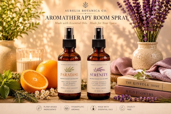 Aromatherapy Room Spray Duo | Botanical Linen Mist | Paradise Citrus, Serenity Lavender Essential Oil Set