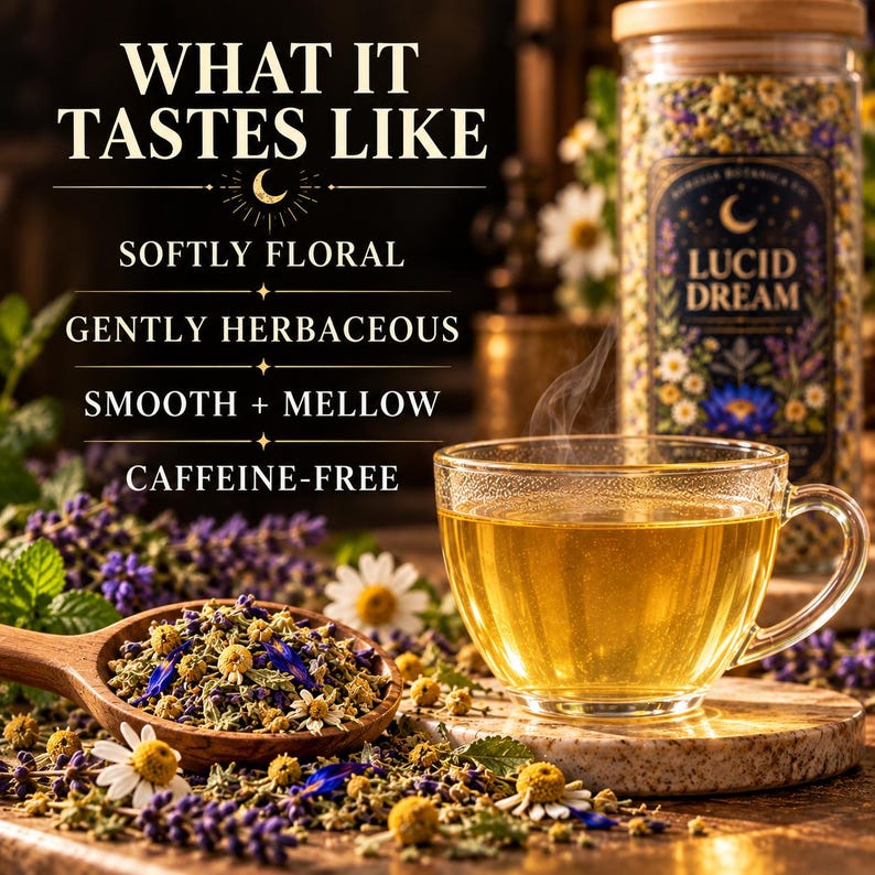 Peut inclure: Une tasse en verre de tisane dor&eacute;e &agrave; c&ocirc;t&eacute; d'une cuill&egrave;re en bois remplie de fleurs de camomille et de lavande s&eacute;ch&eacute;es. Un bocal &eacute;tiquet&eacute; Lucid Dream se trouve derri&egrave;re. Le texte indique : What it tastes like, softly floral, gently herbaceous, smooth + mellow, caffeine-free.