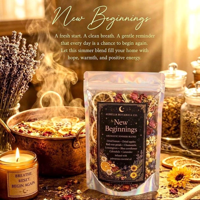 May include: A clear pouch of New Beginnings aromatic simmer blend containing dried lemon, apple, rose petals, chamomile, lemongrass, blue cornflower, calendula, and lavender, with a label listing ingredients and palmarosa essential oil.