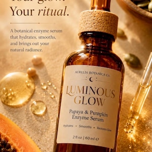K&ouml;nnte beinhalten: Eine braune Glasflasche Aurelia Botanica Luminous Glow Papaya & Pumpkin Enzyme Serum, 60 ml, mit einer Pipette. Das Bild zeigt eine Papayascheibe, Samen und eine Sch&uuml;ssel mit Samen. Text: Ihre Haut. Ihr Glanz. Ihr Ritual.