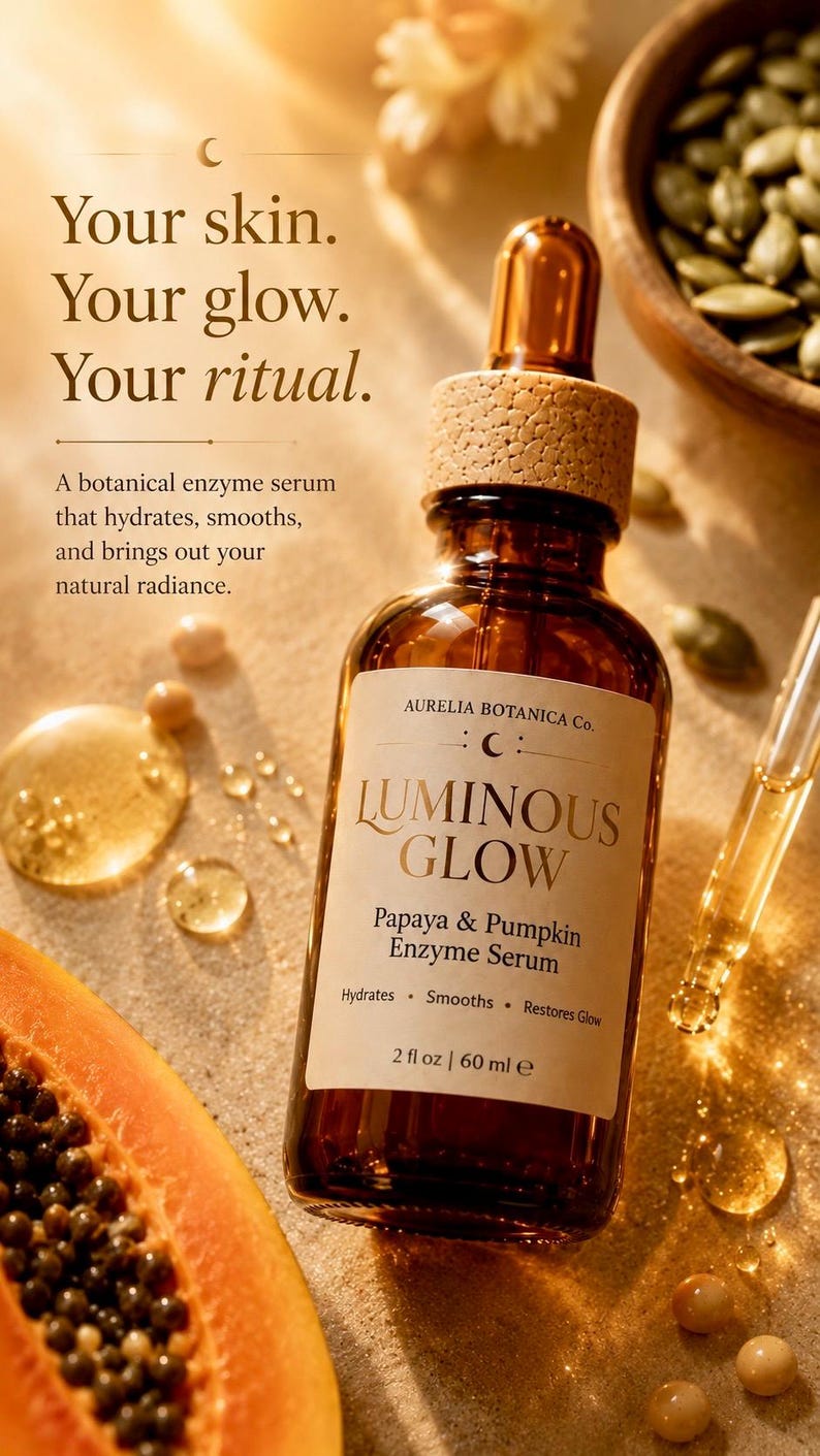 K&ouml;nnte beinhalten: Eine braune Glasflasche Aurelia Botanica Luminous Glow Papaya & Pumpkin Enzyme Serum, 60 ml, mit einer Pipette. Das Bild zeigt eine Papayascheibe, Samen und eine Sch&uuml;ssel mit Samen. Text: Ihre Haut. Ihr Glanz. Ihr Ritual.