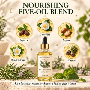 K&ouml;nnte beinhalten: Eine klare Glas-Pipettenflasche mit Aurelia Botanica Co. Rosemary Mint Haar&ouml;l, 2 fl oz / 59 ml. Das Etikett zeigt botanische Illustrationen. F&uuml;nf kreisf&ouml;rmige Symbole umgeben die Flasche und zeigen Jojoba, Kamelie, Argan, Wiesenschaumkraut und Rizinus&ouml;l. Der Text lautet Nourishing Five-Oil Blend.