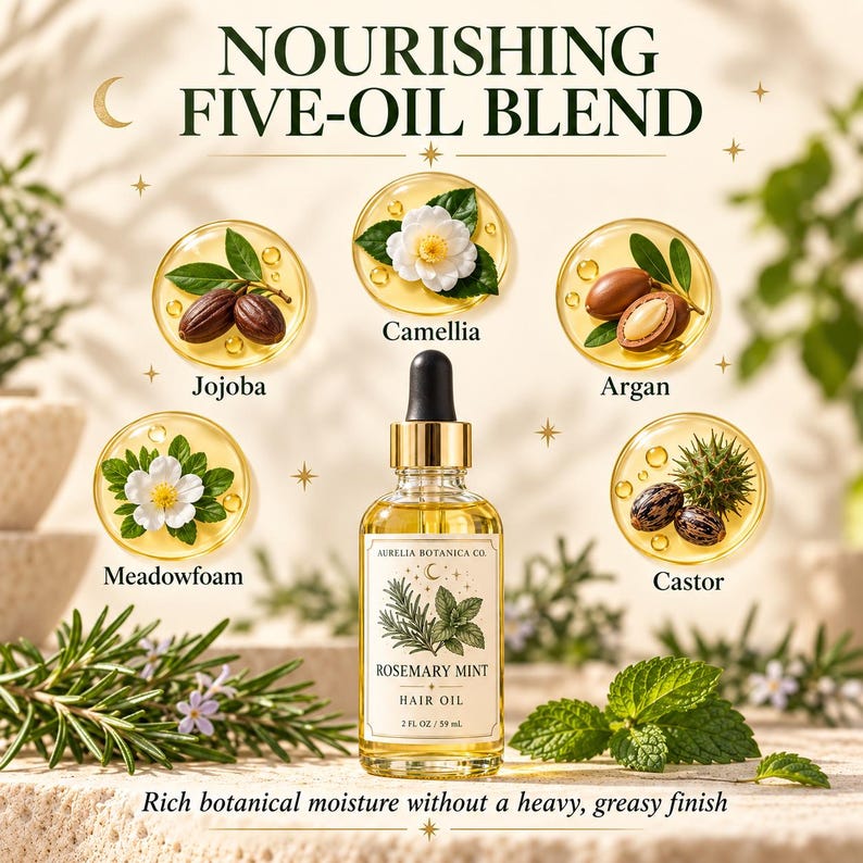 K&ouml;nnte beinhalten: Eine klare Glas-Pipettenflasche mit Aurelia Botanica Co. Rosemary Mint Haar&ouml;l, 2 fl oz / 59 ml. Das Etikett zeigt botanische Illustrationen. F&uuml;nf kreisf&ouml;rmige Symbole umgeben die Flasche und zeigen Jojoba, Kamelie, Argan, Wiesenschaumkraut und Rizinus&ouml;l. Der Text lautet Nourishing Five-Oil Blend.