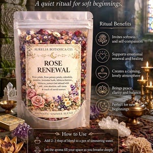 May include: A clear plastic pouch filled with a dried floral blend labeled Rose Renewal by Aurelia Botanica Co. The label lists ingredients including rose petals, calendula, jasmine, and lavender. The pouch is surrounded by crystals and candles.