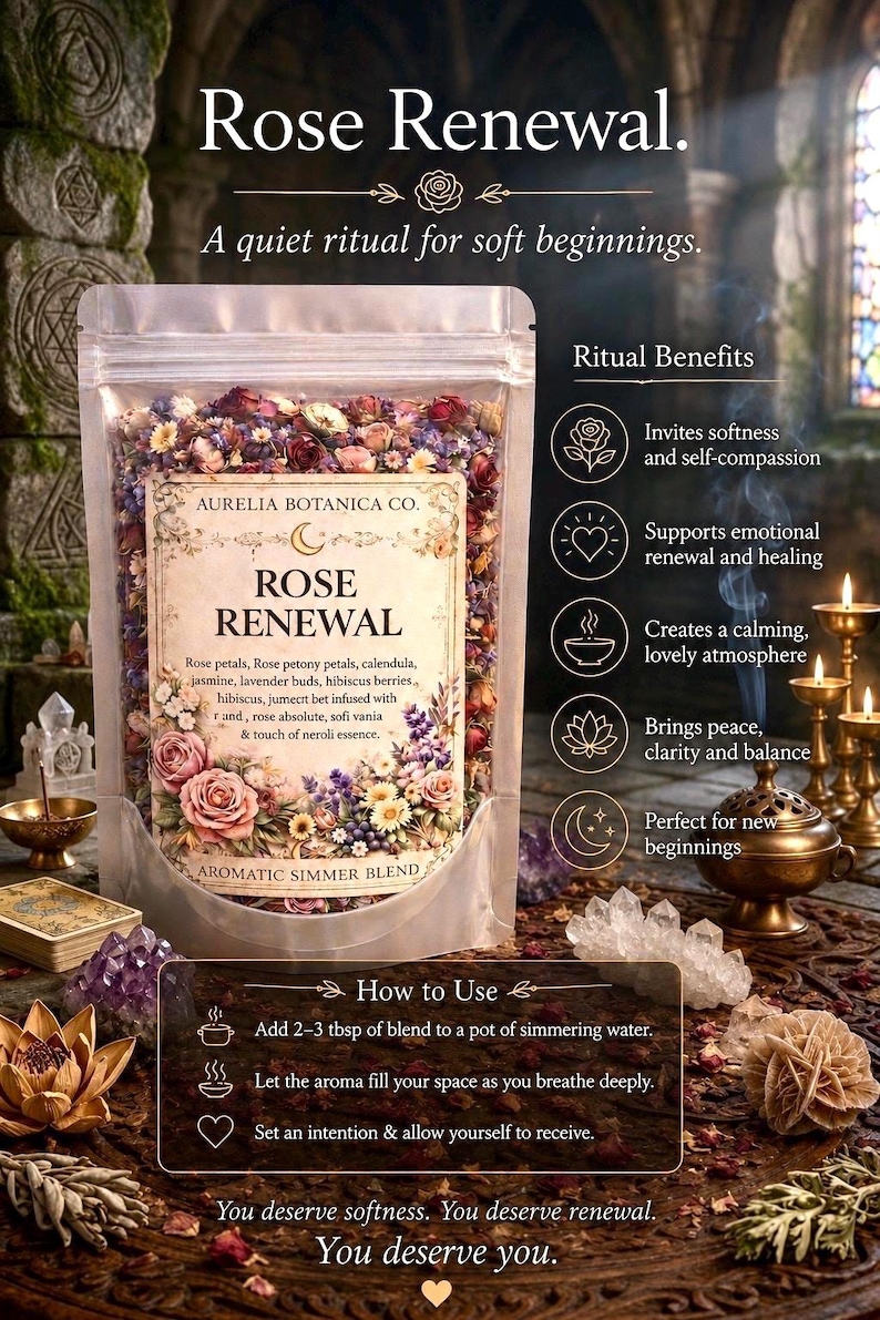May include: A clear plastic pouch filled with a dried floral blend labeled Rose Renewal by Aurelia Botanica Co. The label lists ingredients including rose petals, calendula, jasmine, and lavender. The pouch is surrounded by crystals and candles.