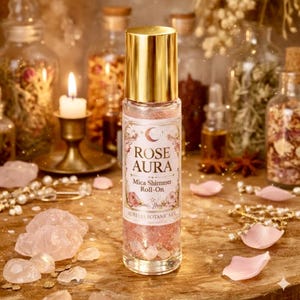 Rose Aura Shimmer Roll-On Perfume Oil – Crystal-Infused Mica Glow, Romantic Rose Botanical Fragrance imagen 7