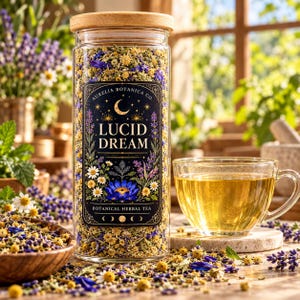 Peut inclure: Un bocal en verre transparent avec un couvercle en bois rempli de tisane s&eacute;ch&eacute;e, portant une &eacute;tiquette noire indiquant Aurelia Botanica Co. Lucid Dream Botanical Herbal Tea, avec une tasse de th&eacute; dor&eacute; et des fleurs s&eacute;ch&eacute;es.