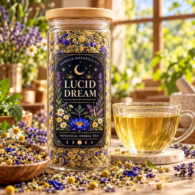 Peut inclure: Un bocal en verre transparent avec un couvercle en bois rempli de tisane s&eacute;ch&eacute;e, portant une &eacute;tiquette noire indiquant Aurelia Botanica Co. Lucid Dream Botanical Herbal Tea, avec une tasse de th&eacute; dor&eacute; et des fleurs s&eacute;ch&eacute;es.