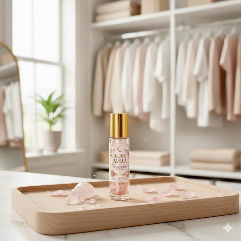 Rose Aura Shimmer Roll-On Perfume Oil – Crystal-Infused Mica Glow, Romantic Rose Botanical Fragrance imagen 4