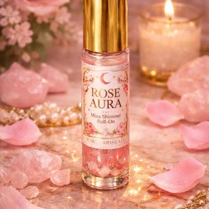 Rose Aura Shimmer Roll-On Perfume Oil – Crystal-Infused Mica Glow, Romantic Rose Botanical Fragrance imagen 2