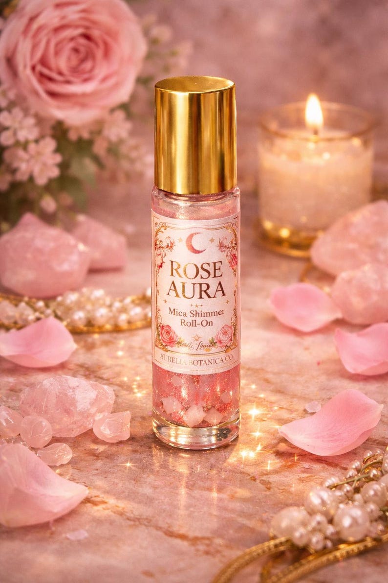 Rose Aura Shimmer Roll-On Perfume Oil – Crystal-Infused Mica Glow, Romantic Rose Botanical Fragrance imagen 2