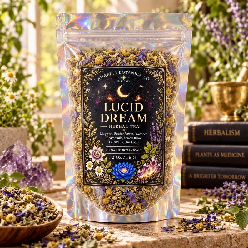 Peut inclure: Un sachet holographique de tisane Lucid Dream par Aurelia Botanica Co. L'&eacute;tiquette pr&eacute;sente un croissant de lune, des &eacute;toiles et des illustrations botaniques d'armoise, passiflore, lavande, camomille, m&eacute;lisse, souci et lotus bleu.