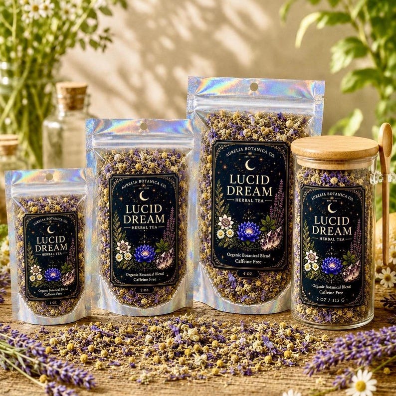 Peut inclure: Trois sachets holographiques et un bocal en verre avec un couvercle en bois contenant de la tisane Lucid Dream. Chaque &eacute;tiquette pr&eacute;sente un croissant de lune, un lotus bleu et le texte Lucid Dream Herbal Tea. Les sachets indiquent 1 oz, 2 oz et 4 oz.