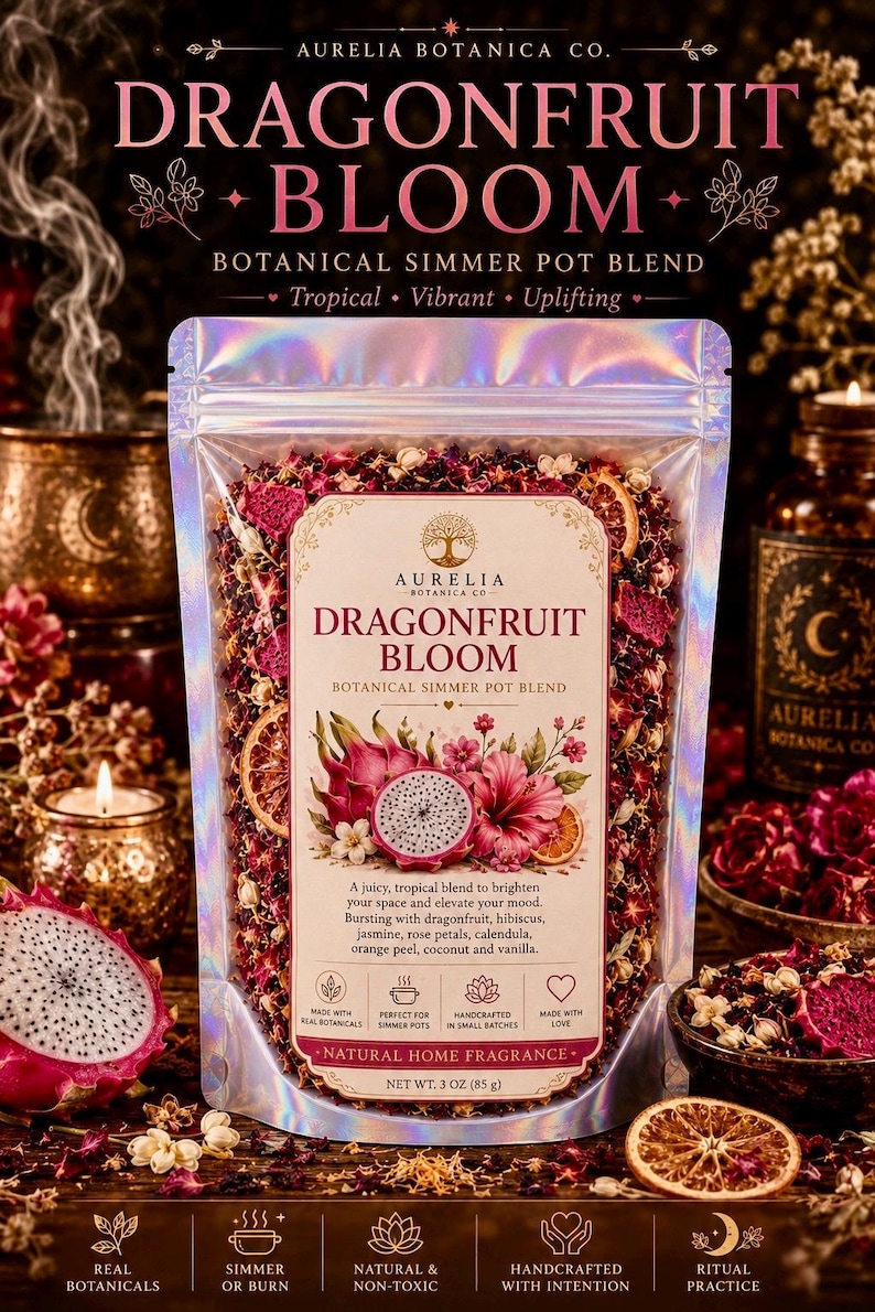 May include: A holographic pouch of Aurelia Botanica Co. Dragonfruit Bloom botanical simmer pot blend. The label features a dragonfruit and hibiscus illustration with text describing the 3 oz (85 g) natural home fragrance blend.