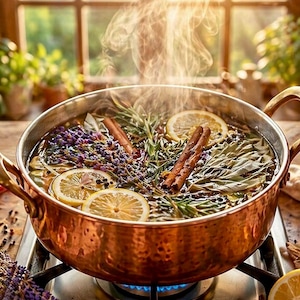May include: A hammered copper pot on a gas stove filled with simmering water, lavender, white sage, rosemary, lemon slices, black peppercorns, and cinnamon sticks. Text reads: REAWAKEN YOUR RADIANCE. CLEANSE. RESET. RISE IN LIGHT. Lavender, White Sage, Rosemary, Lemon, Black Pepper, Cinnamon.